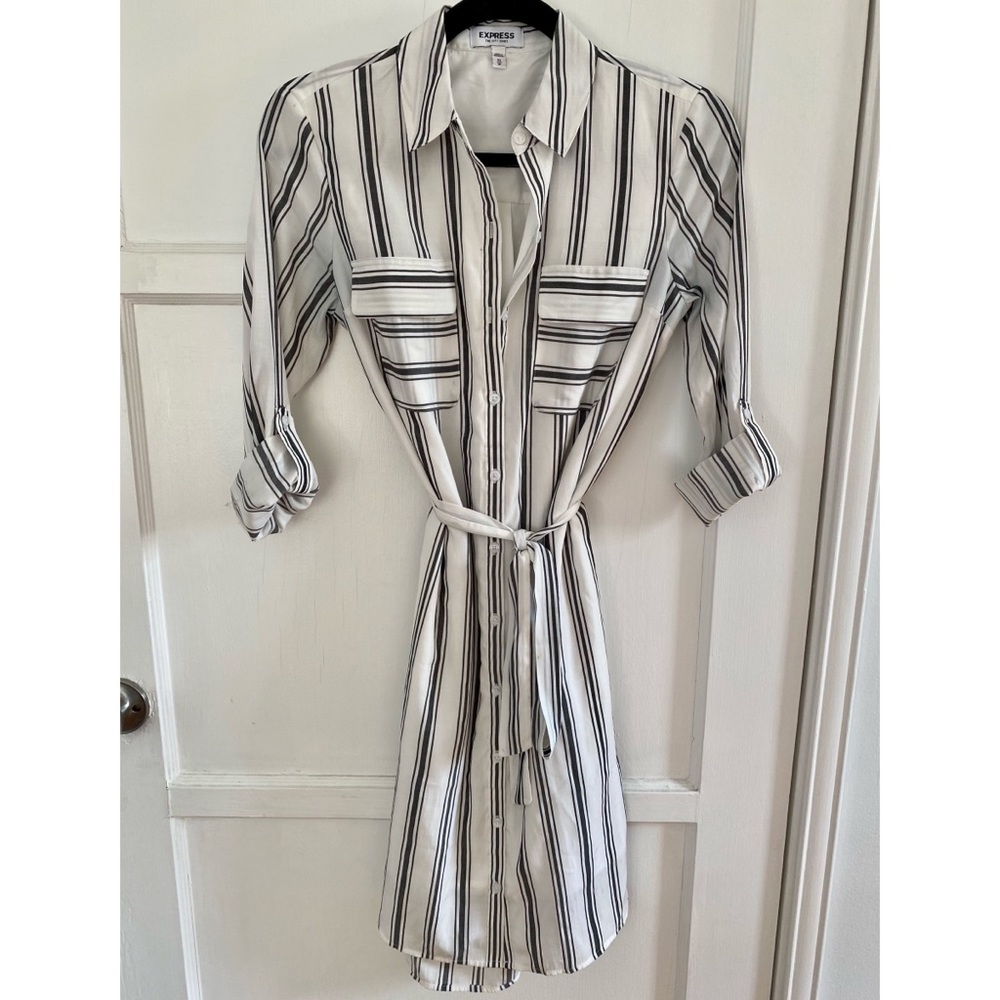 Express Black & White Striped Collared Button Down Dress